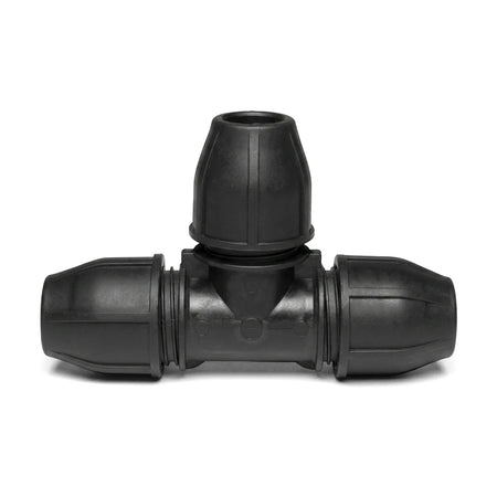 Black 32mm irrigation tee pipe fitting shown from a straight-on view, featuring a T-shaped design for connecting three pipes.