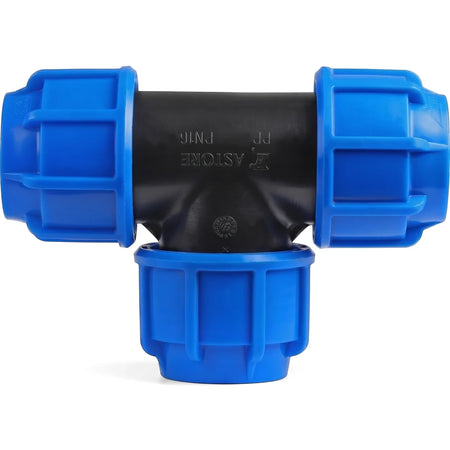 Black and blue 40mm irrigation tee with compression fittings for pipe systems, shown from a front view.