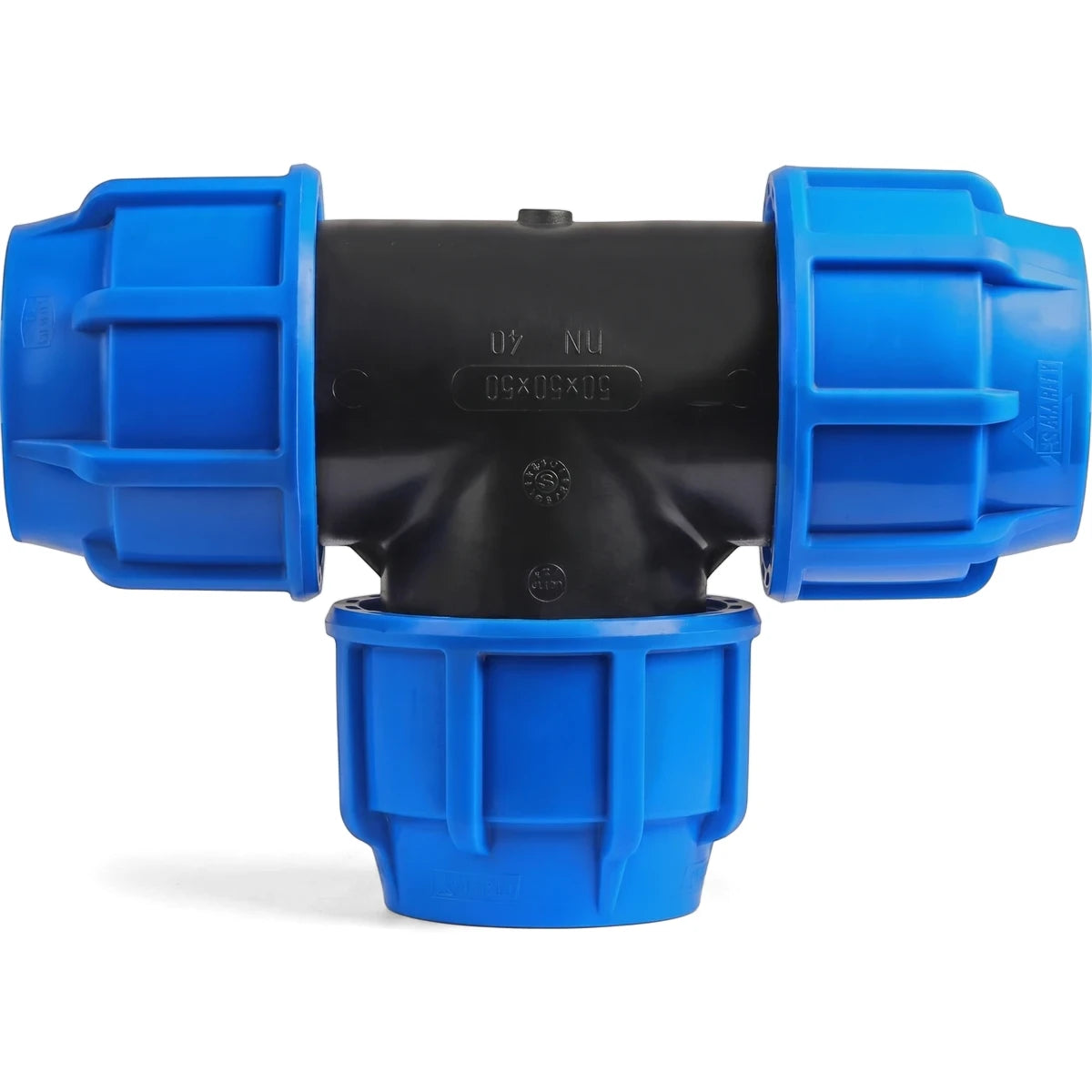 Black and blue plastic 50mm irrigation tee pipe fitting, used for connecting three pipes in irrigation or plumbing systems.