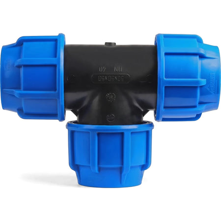 Black and blue plastic 50mm irrigation tee pipe fitting, used for connecting three pipes in irrigation or plumbing systems.