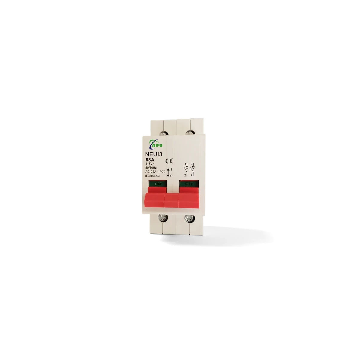 White 63A 2P DIN rail electrical isolator switch with red levers, displaying specifications.