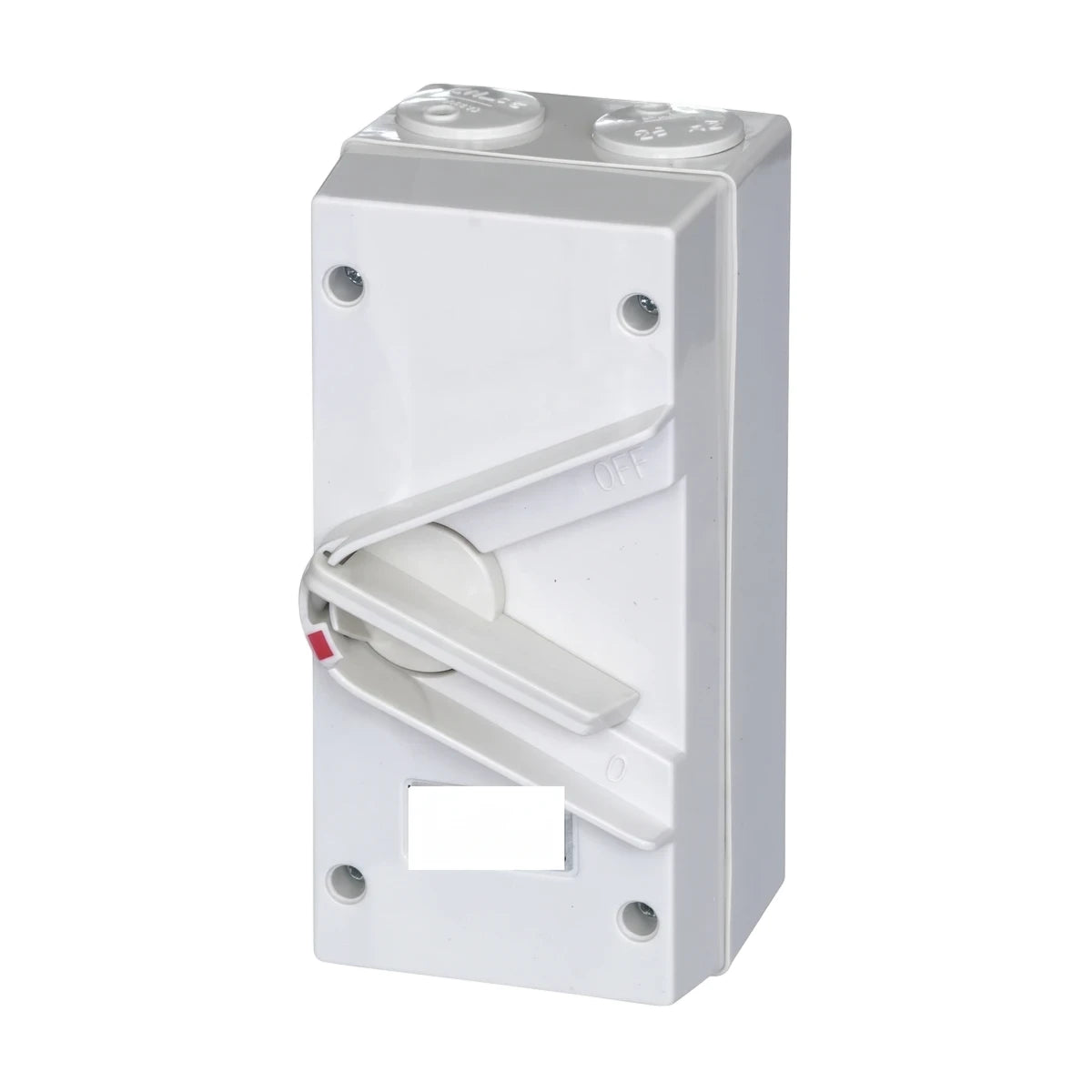 White rectangular Isolator 63A 3P Din Rail Nur Isolator with a prominent lever handle and screw caps.