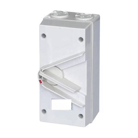 White rectangular Isolator 63A 3P Din Rail Nur Isolator with a prominent lever handle and screw caps.