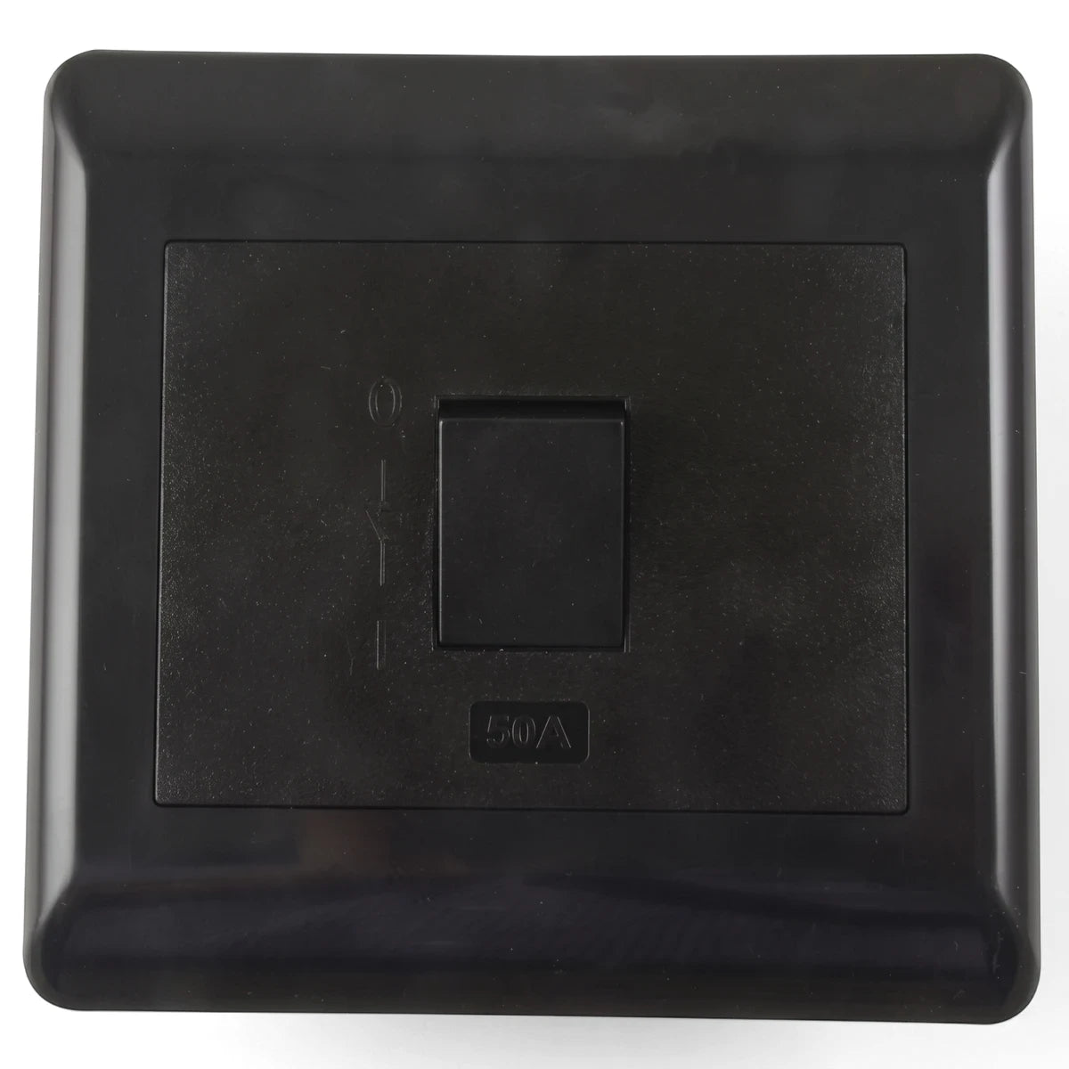 Black 50A electrical isolator socket with an edgy sapphire design, suitable for heavy-duty electrical applications.