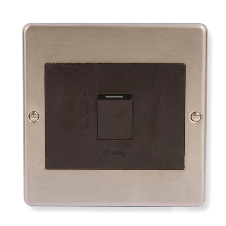 Brushed metal isolator switch with a dark central module and a single rectangular switch, providing power control in an
