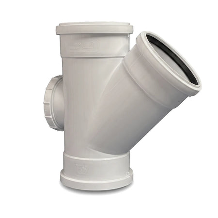 White PVC J-155 soil and vent junction with access heel, 110mm x 45-degree, shown against a white background.