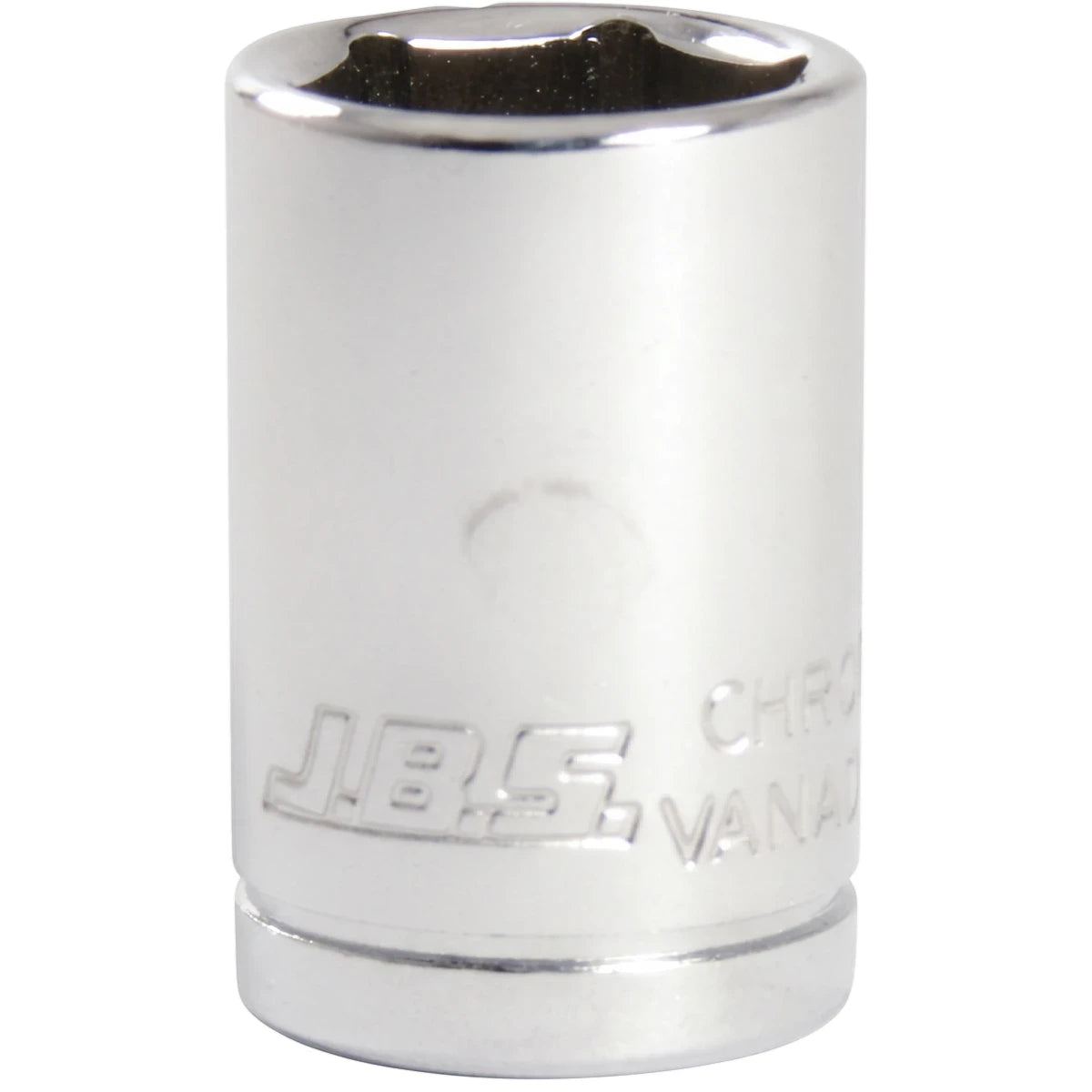 A shiny chrome Jbs 1/2-inch drive 10mm socket tool, shown standing upright. The metal surface reflects light softly.
