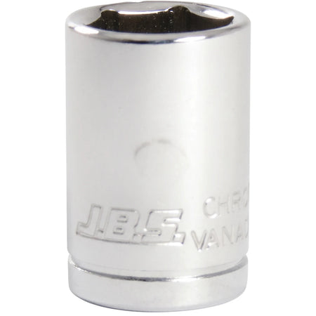 A shiny chrome Jbs 1/2-inch drive 10mm socket tool, shown standing upright. The metal surface reflects light softly.