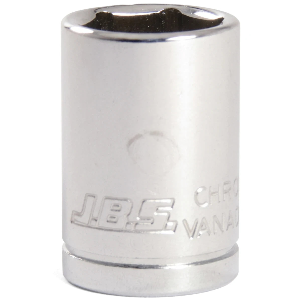 Jbs 1/2-inch drive 22mm socket made of polished chrome vanadium steel, shown upright in a close-up.