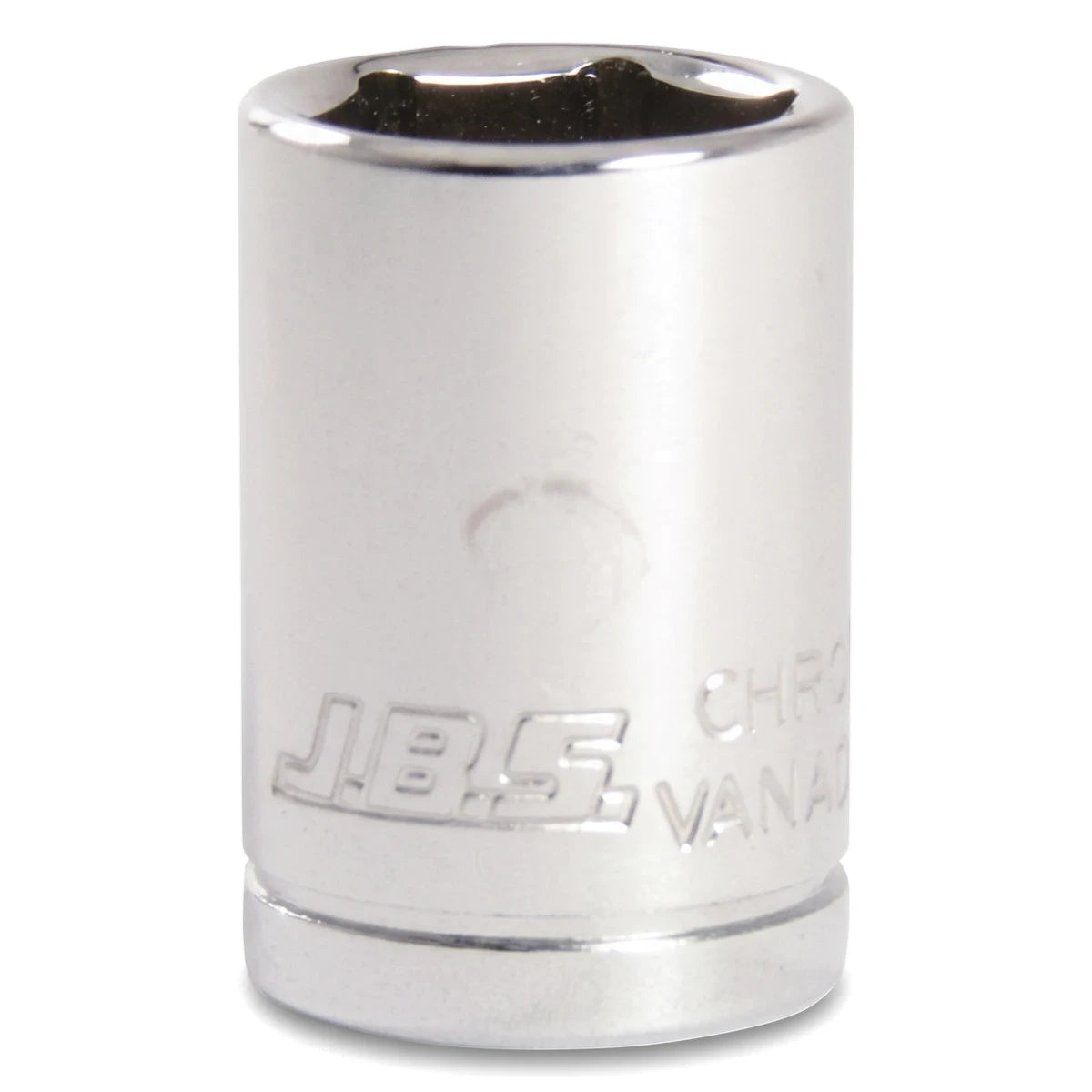 Jbs 1/2-inch drive 23mm socket made of reflective chrome vanadium steel, viewed upright on a white background.