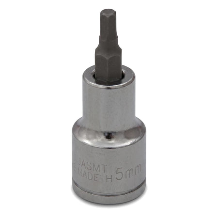Jbs 1/2-inch drive 5mm hex bit socket with a chrome finish and dark gray bit, standing upright.