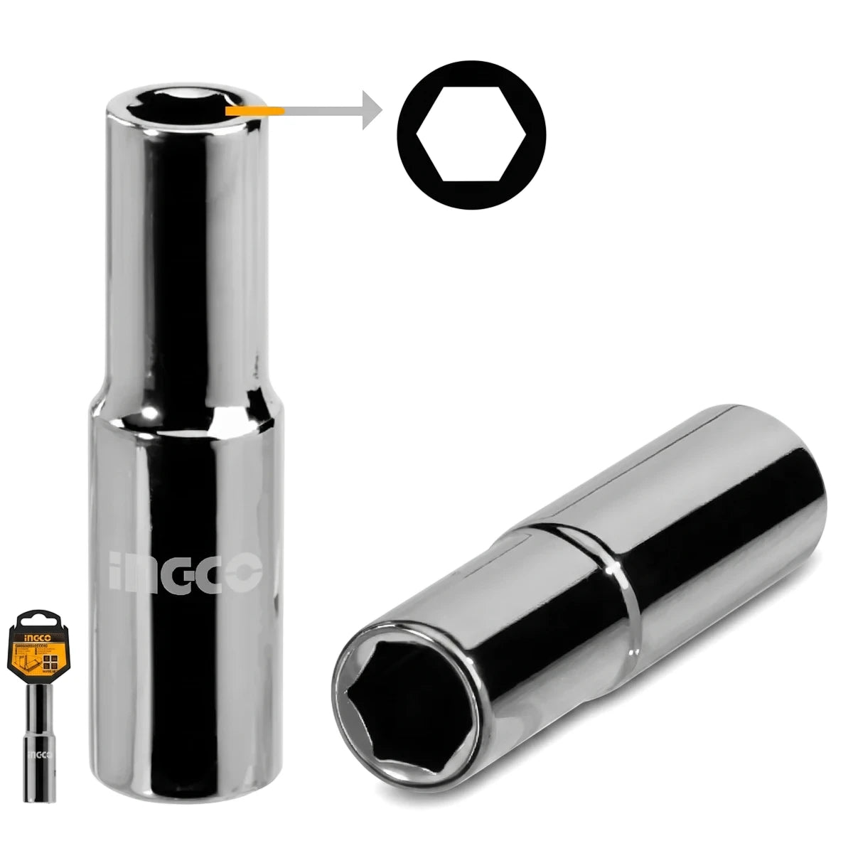 Jbs 1/2-inch drive deep socket, 19mm, in reflective chrome finish, showing hexagonal opening details.