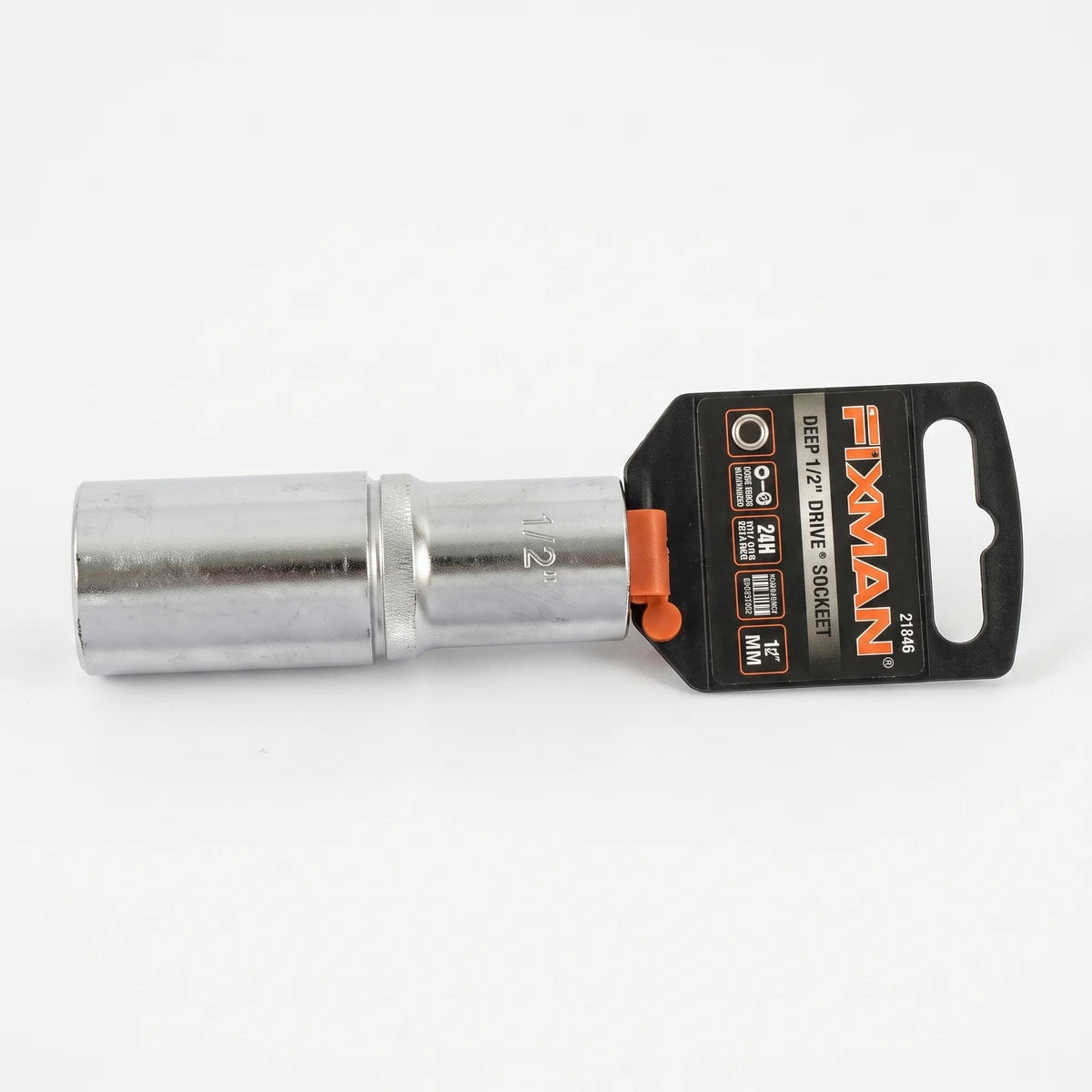 Jbs 1/2-inch drive deep socket, 21mm, chrome finish, with orange and black branded hangtag for automotive use.