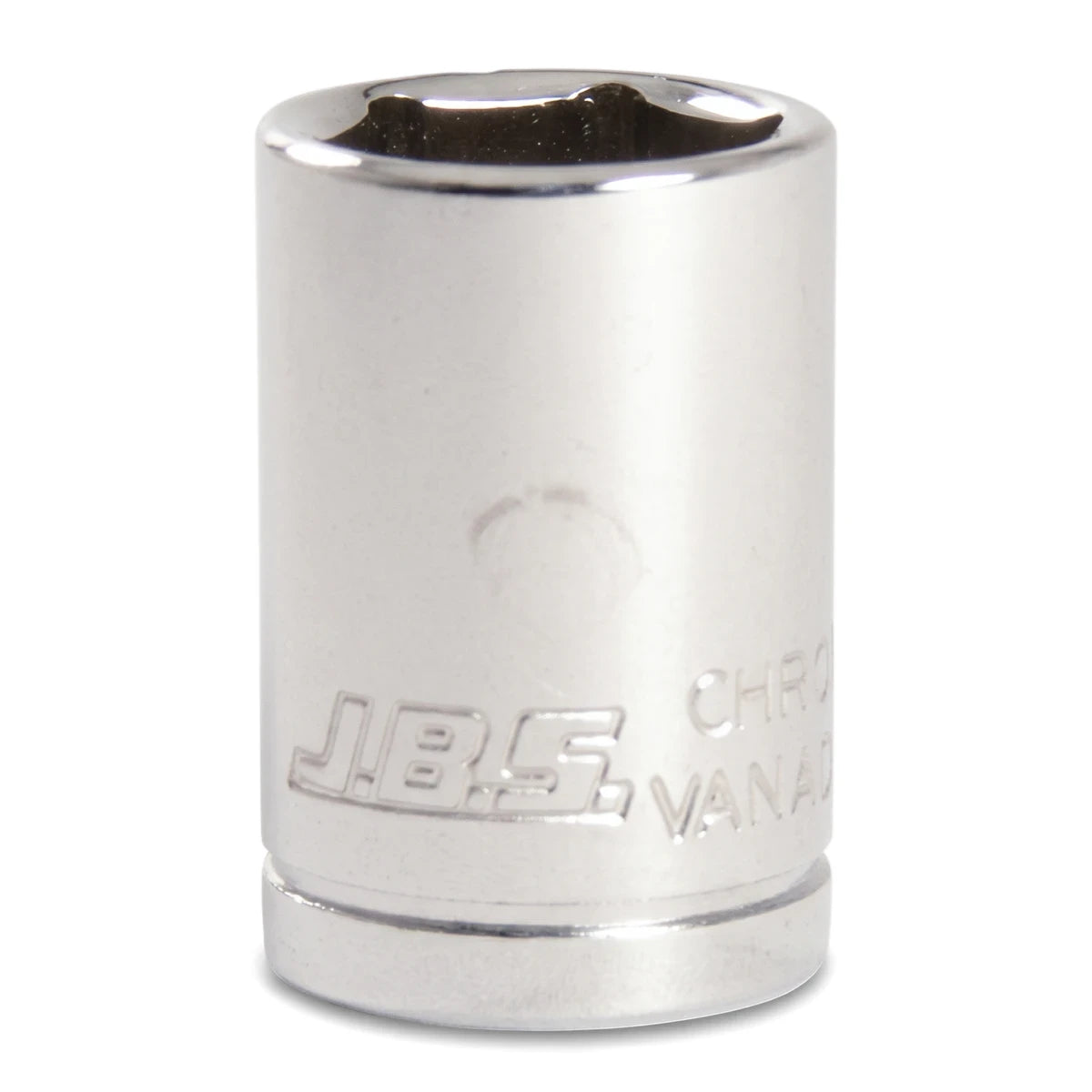 Jbs 1/2-Inch Drive Socket - 15mm, a shiny chrome-plated tool, vertically oriented on a white background, displaying its