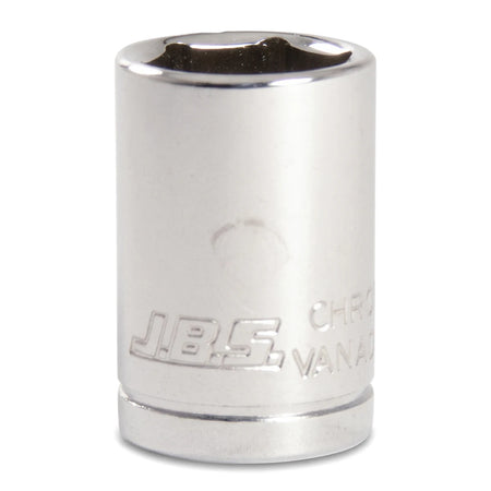 Jbs 1/2-Inch Drive Socket - 15mm, a shiny chrome-plated tool, vertically oriented on a white background, displaying its
