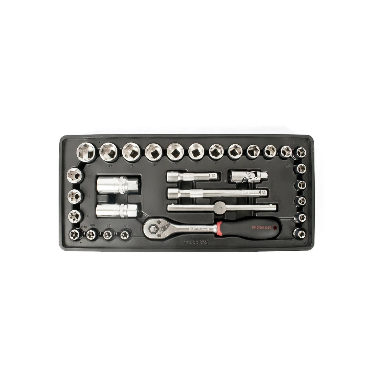 Jbs 31-piece socket set in a black case with various chrome-plated sockets, extensions, and a ratchet wrench, viewed from