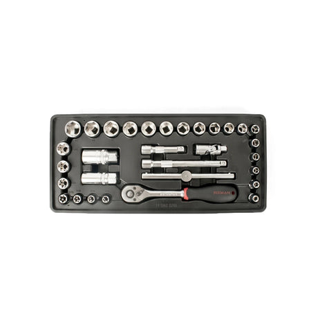 Jbs 31-piece socket set in a black case with various chrome-plated sockets, extensions, and a ratchet wrench, viewed from