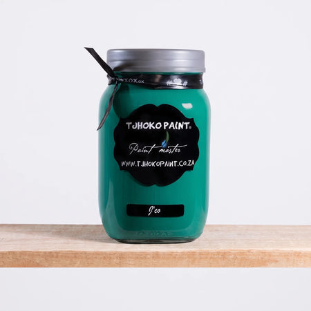 J'Co 1L Chalk Paint in a teal green jar with silver lid, front view showing the Tjhoko Paint label