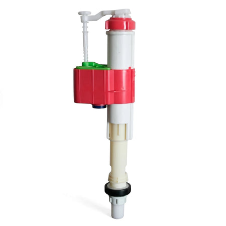 Jello C Cistern Float Valve in red, white, and green plastic, a plumbing component for toilet tank water level control.