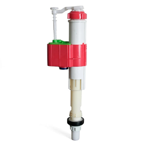 Jello C Cistern Float Valve in red, white, and green plastic, a plumbing component for toilet tank water level control.