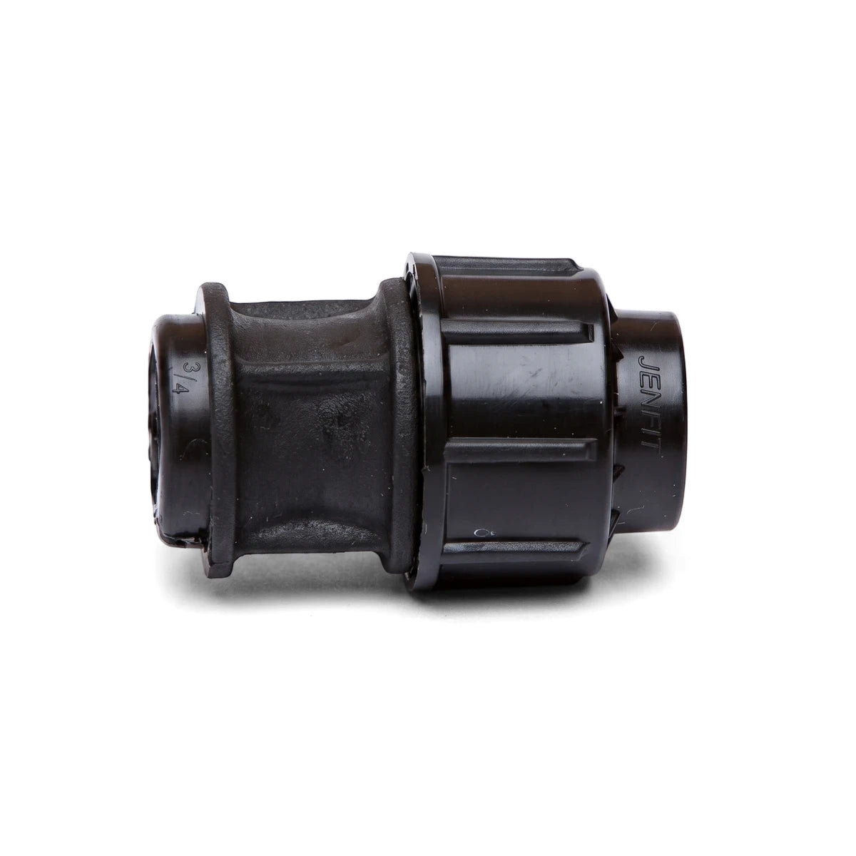Black Jenfit 20mm x 1 inch plastic pipe adapter for plumbing, shown in a straight-on view.