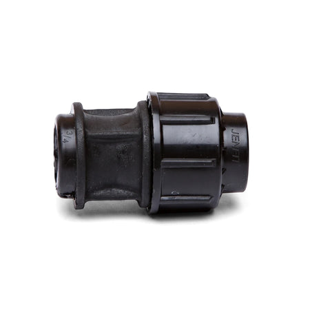 Black Jenfit 20mm x 1 inch plastic pipe adapter for plumbing, shown in a straight-on view.