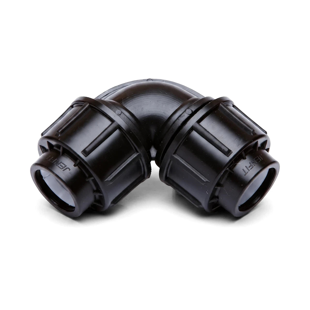 Black Jenfit 20mm equal elbow pipe fitting made of durable plastic, designed for connecting pipes at a 90-degree angle.