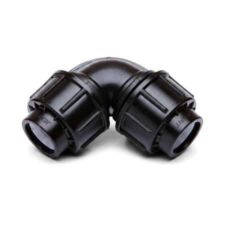 Black Jenfit 20mm equal elbow pipe fitting made of durable plastic, designed for connecting pipes at a 90-degree angle.