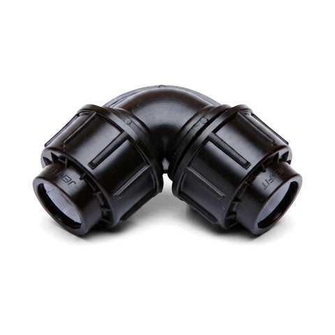 Black Jenfit 20mm equal elbow pipe fitting made of durable plastic, designed for connecting pipes at a 90-degree angle.