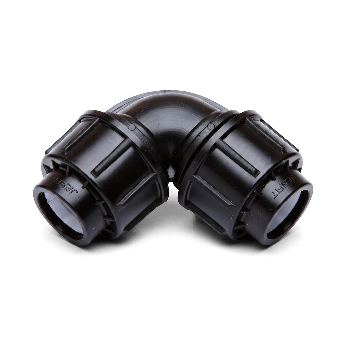 Black Jenfit 25mm equal elbow pipe fitting for plumbing and irrigation systems, shown on a white background.