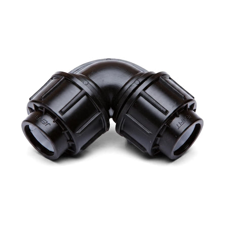 Black Jenfit 25mm equal elbow pipe fitting for plumbing and irrigation systems, shown on a white background.