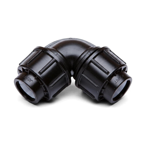 Black Jenfit 25mm equal elbow pipe fitting for plumbing and irrigation systems, shown on a white background.