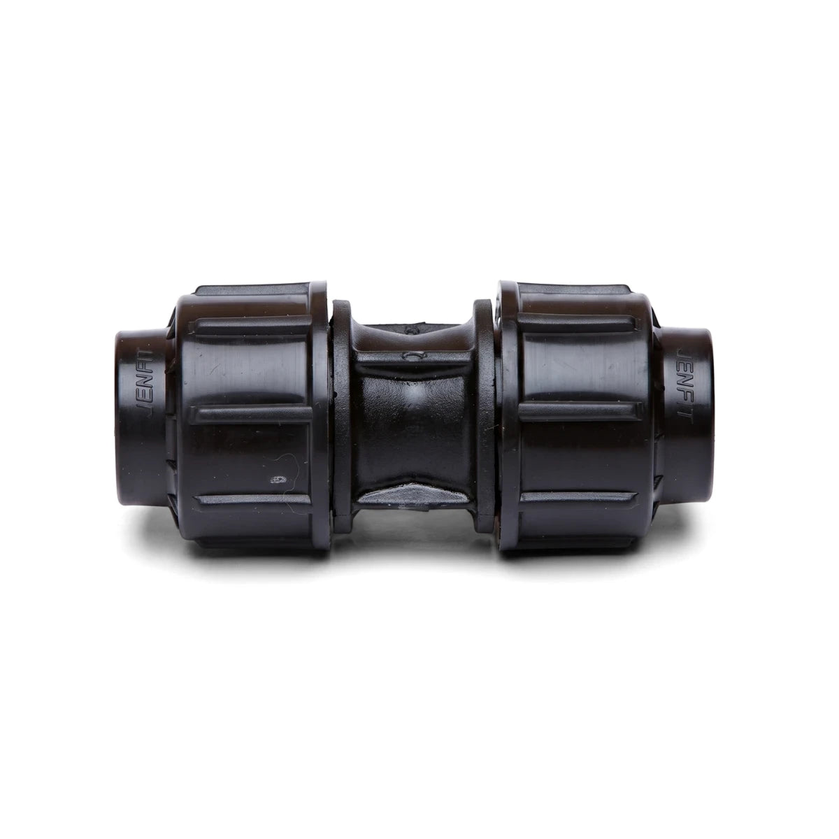 Black Jenfit 25mm x 25mm straight coupling for pipes, made of durable plastic, shown isolated on a white background.