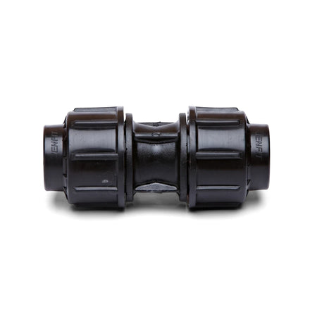 Black Jenfit 25mm x 25mm straight coupling for pipes, made of durable plastic, shown isolated on a white background.