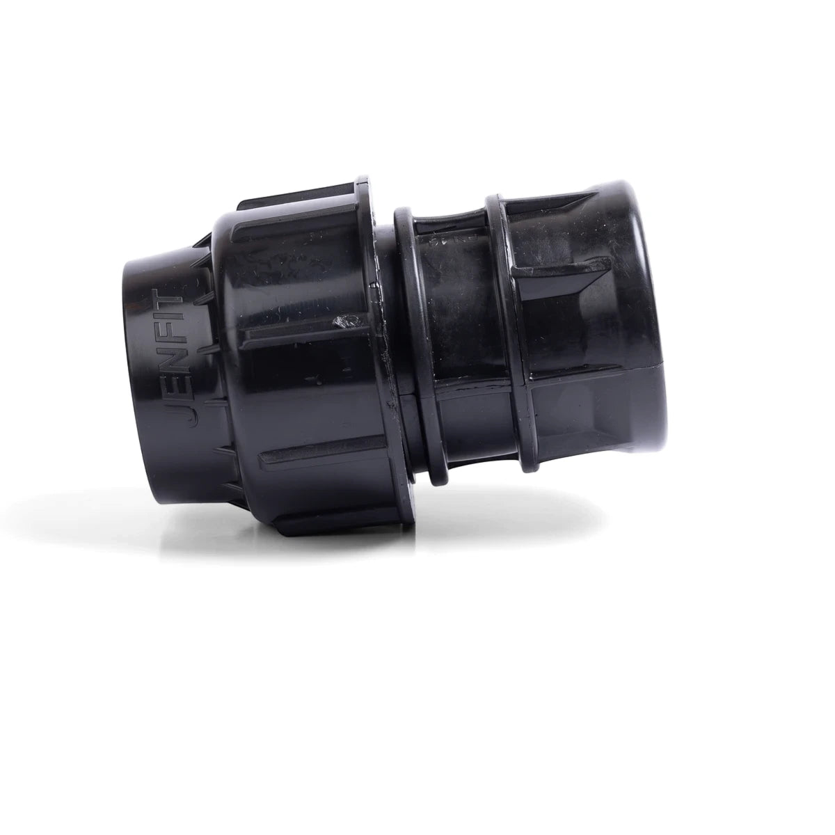 Black Jenfit 32mm x 1/2 inch plastic adapter, a pipe fitting connector, displayed on a white background.