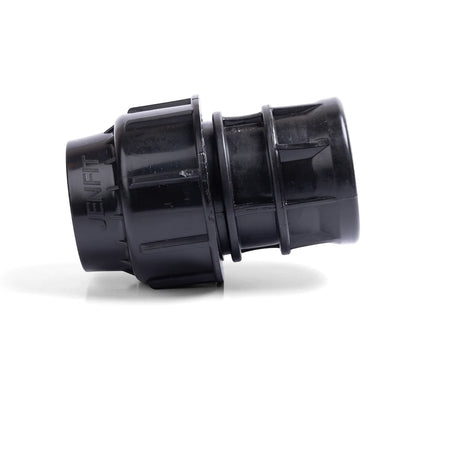 Black Jenfit 32mm x 1/2 inch plastic adapter, a pipe fitting connector, displayed on a white background.