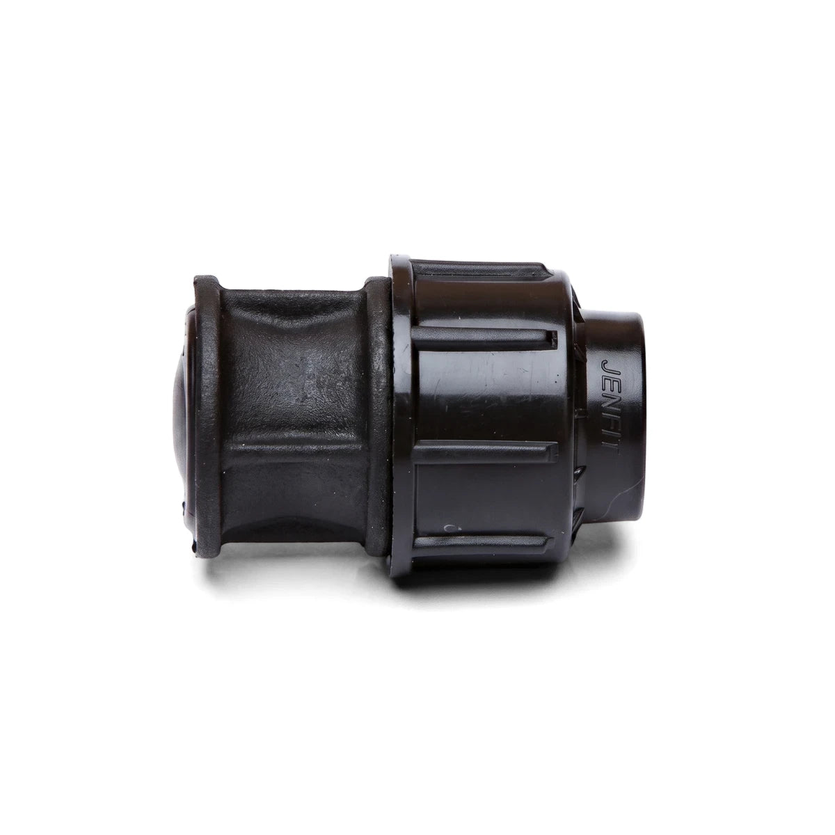 Black Jenfit 32mm end plug, designed for piping and irrigation systems, shown in a horizontal view with textured grip.