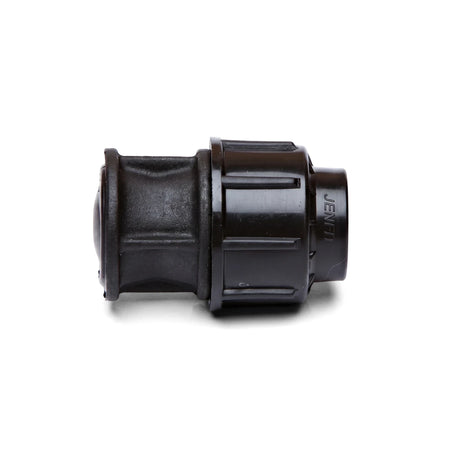 Black Jenfit 32mm end plug, designed for piping and irrigation systems, shown in a horizontal view with textured grip.