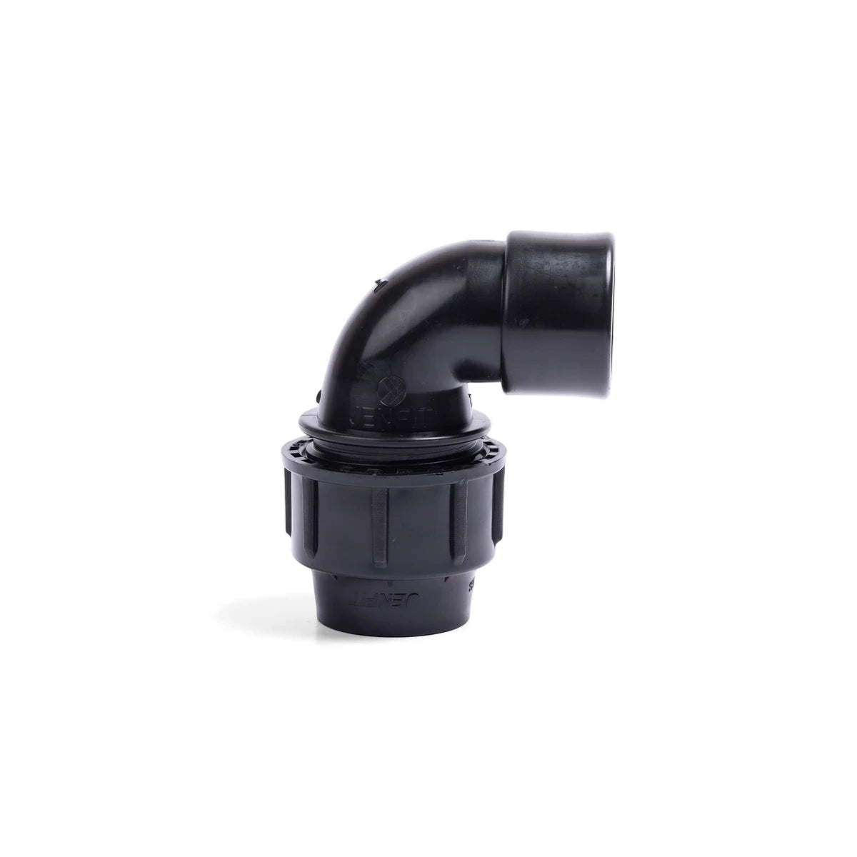 Black Jenfit 40mm x 1 1/4" female elbow pipe fitting for plumbing and irrigation, shown from a side view.