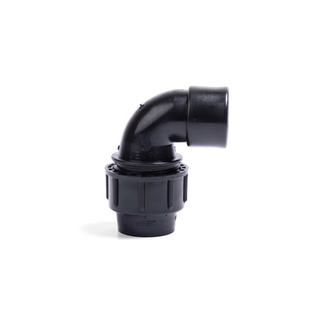 Black Jenfit 40mm x 1 1/4" female elbow pipe fitting for plumbing and irrigation, shown from a side view.