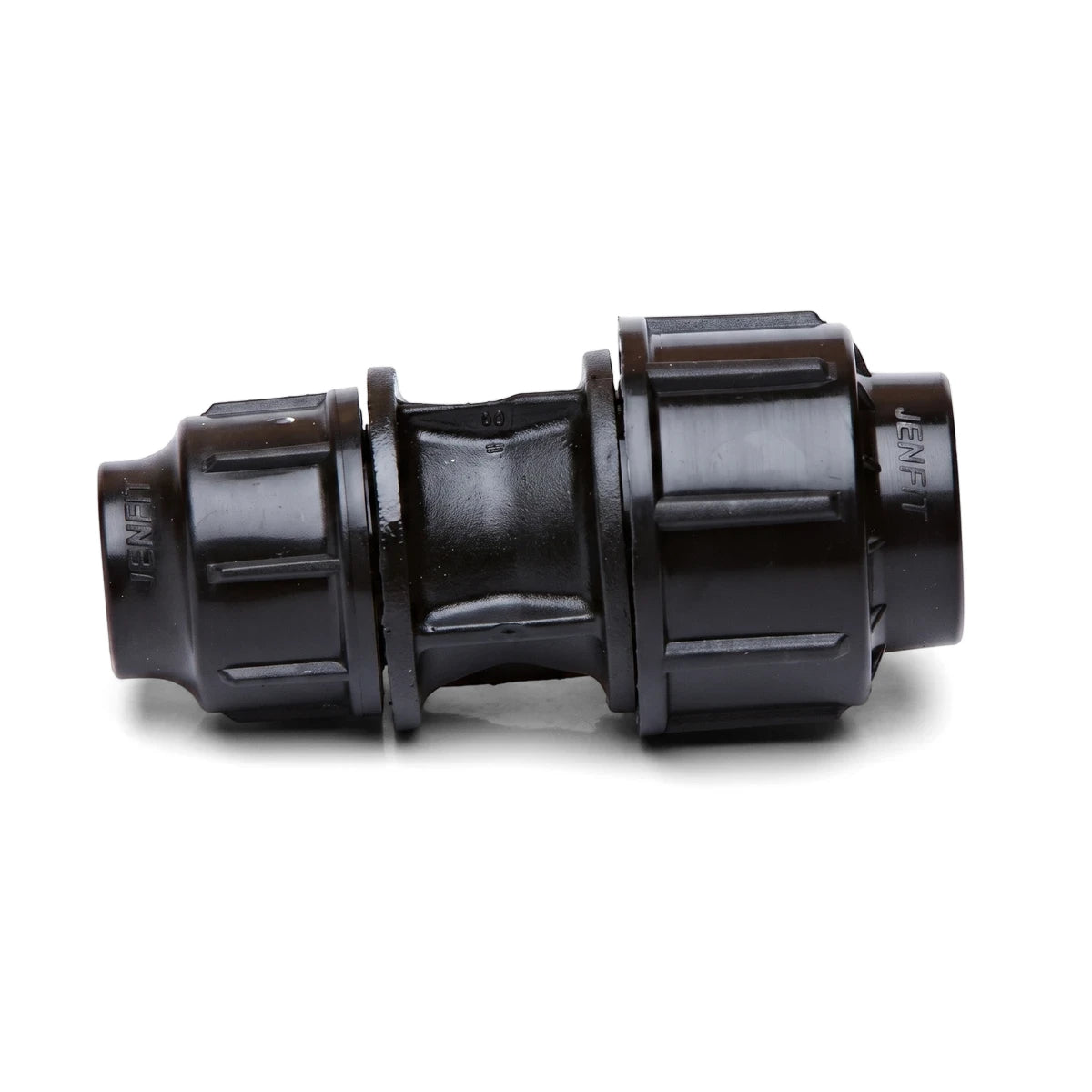 A black plastic Jenfit reducing coupling, 40mm X 32mm, for plumbing shown on a white background.