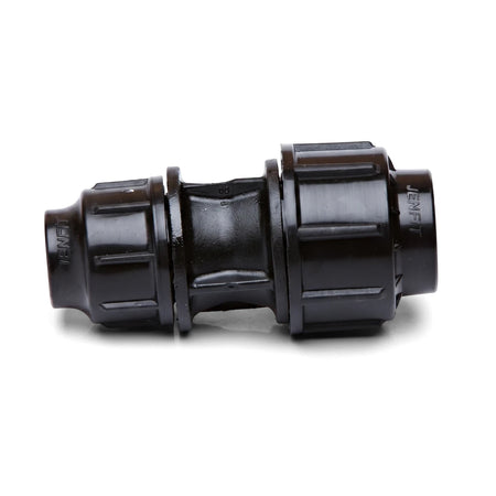 A black plastic Jenfit reducing coupling, 40mm X 32mm, for plumbing shown on a white background.