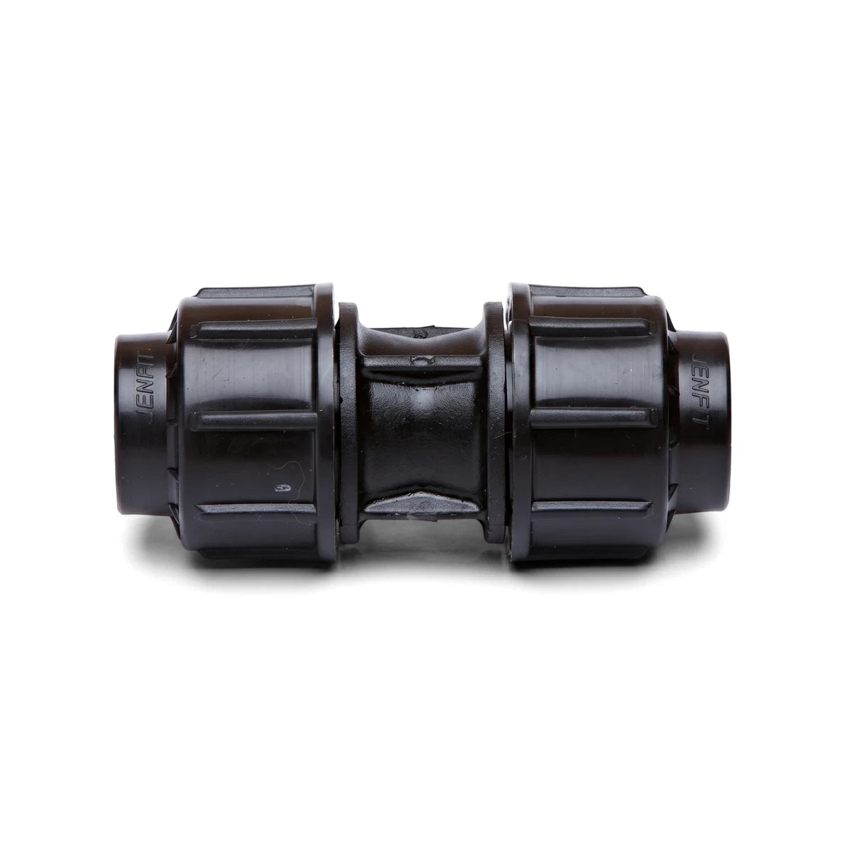 Jenfit 50mm X 50mm black plastic straight coupling for plumbing and irrigation systems, shown on a white background.