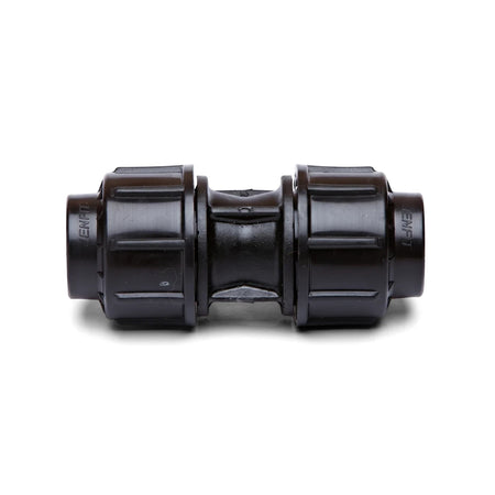 Jenfit 50mm X 50mm black plastic straight coupling for plumbing and irrigation systems, shown on a white background.