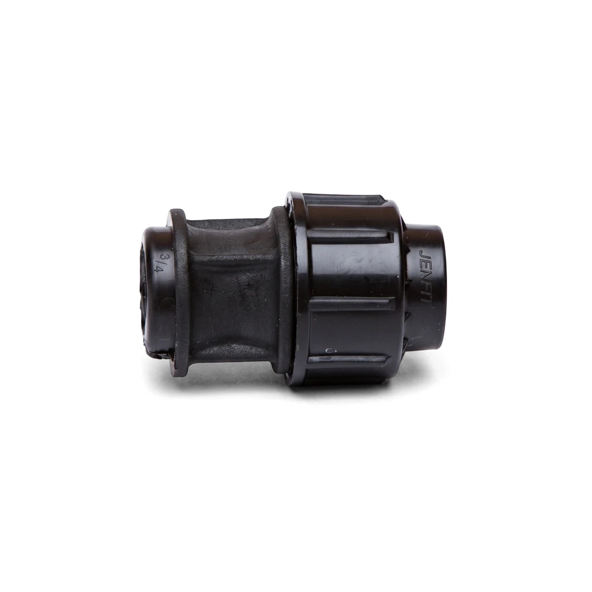 Jenfit Adapter 40mm x 1 1/4 inch black plastic pipe fitting shown in side view with ribbed connector nut
