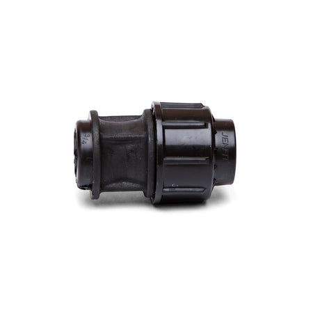 Jenfit Adapter 40mm x 1 1/4 inch black plastic pipe fitting shown in side view with ribbed connector nut