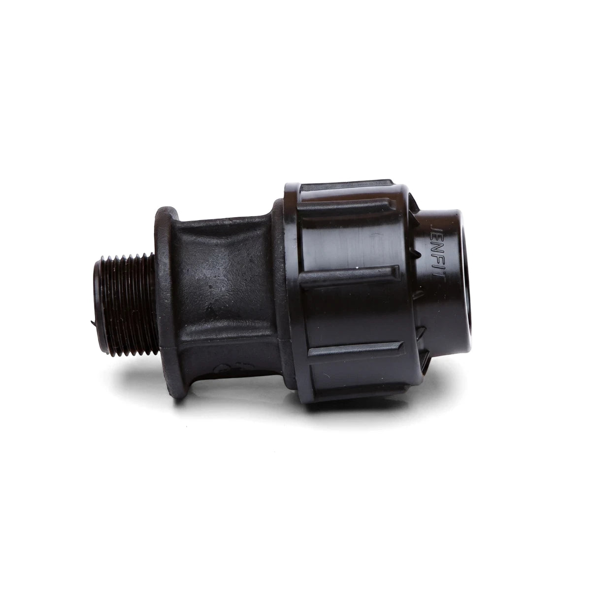A black plastic Jenfit adapter, 40mm x 1", for connecting pipes or hoses, featuring threaded and compression ends,