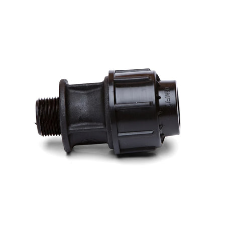 A black plastic Jenfit adapter, 40mm x 1", for connecting pipes or hoses, featuring threaded and compression ends,