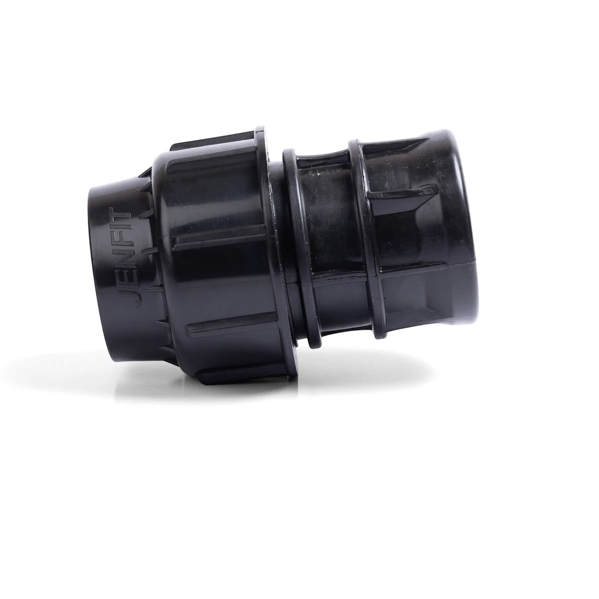 Black Jenfit adapter, a 40mm x 1 1/4 inch pipe fitting, shown angled on a plain white studio background.