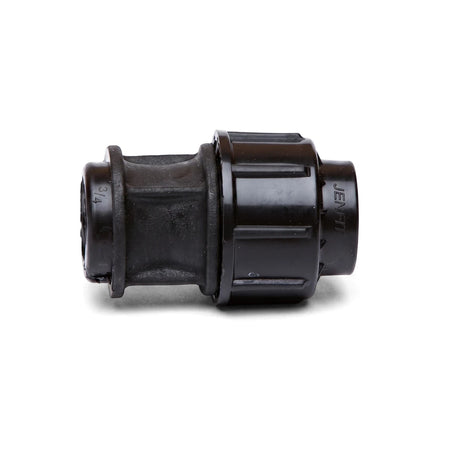 Black Jenfit female adapter, a plastic plumbing fitting, shown in a horizontal view with 3/4 inch and Jenfit markings.